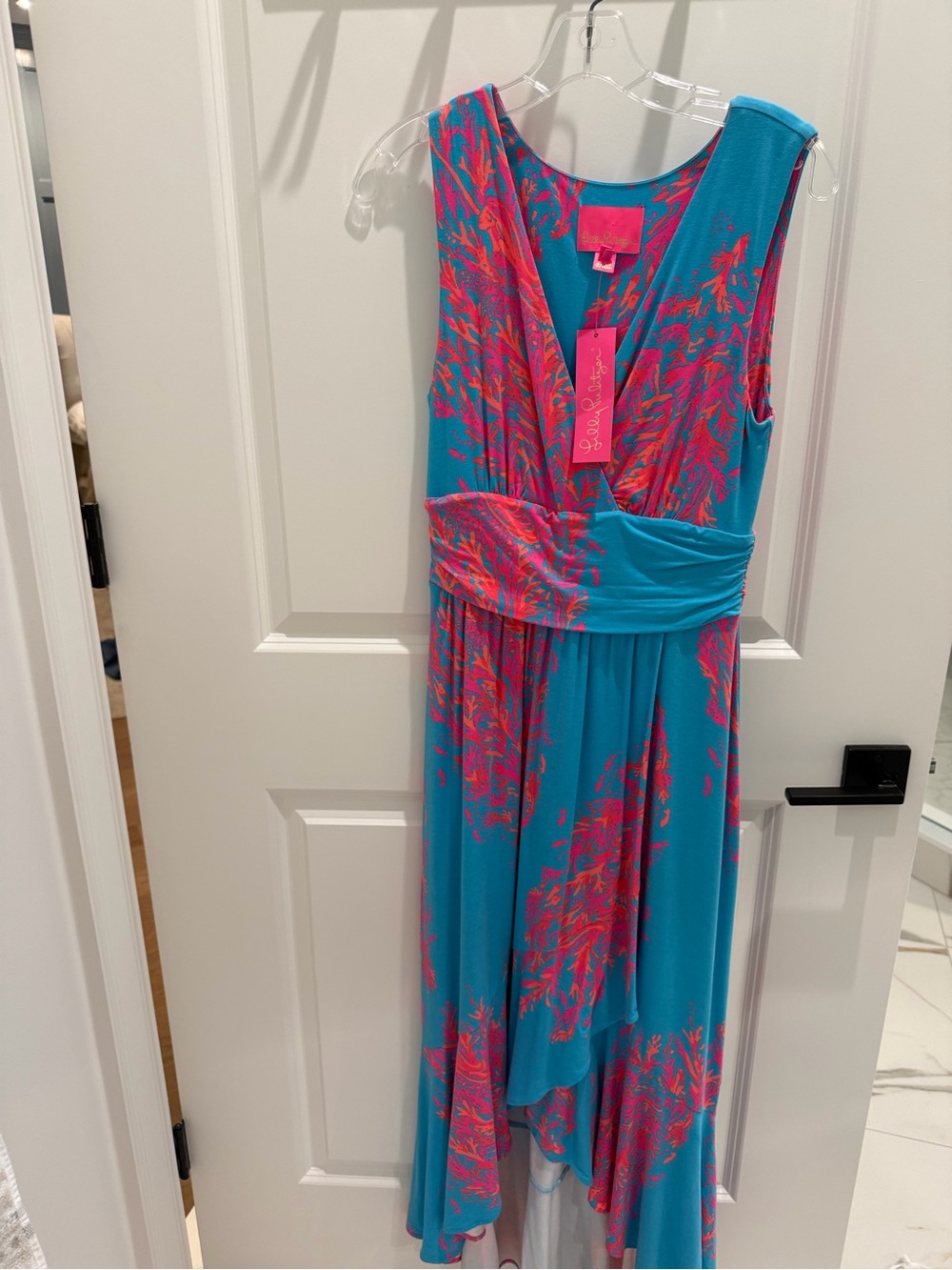 Lilly Pulitzer Blue Dress with Pink Coral Print High-Low Hem
